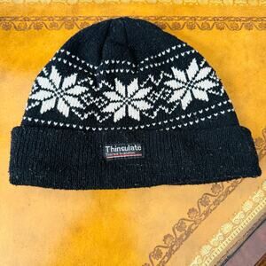 Thinsulate Unisex Black Snowflake Fleece Lined Beanie Winter Hat